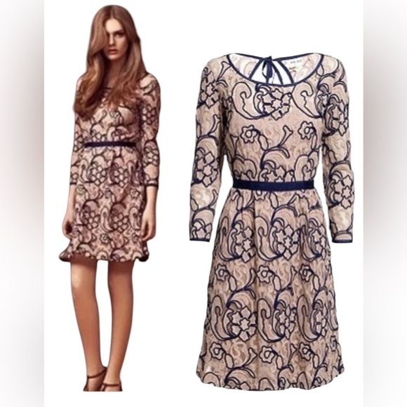 Reiss Lace Open Back Blush Pink and Navy Blue Cocktail Dress Size 8 - Picture 11 of 11